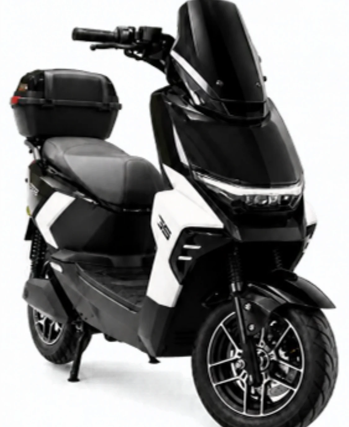 Scooter GS preta e branca com baú traseiro